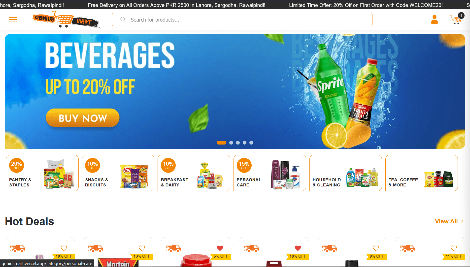 Genius Mart e-commerce website for premium groceries, displayed on a laptop screen.