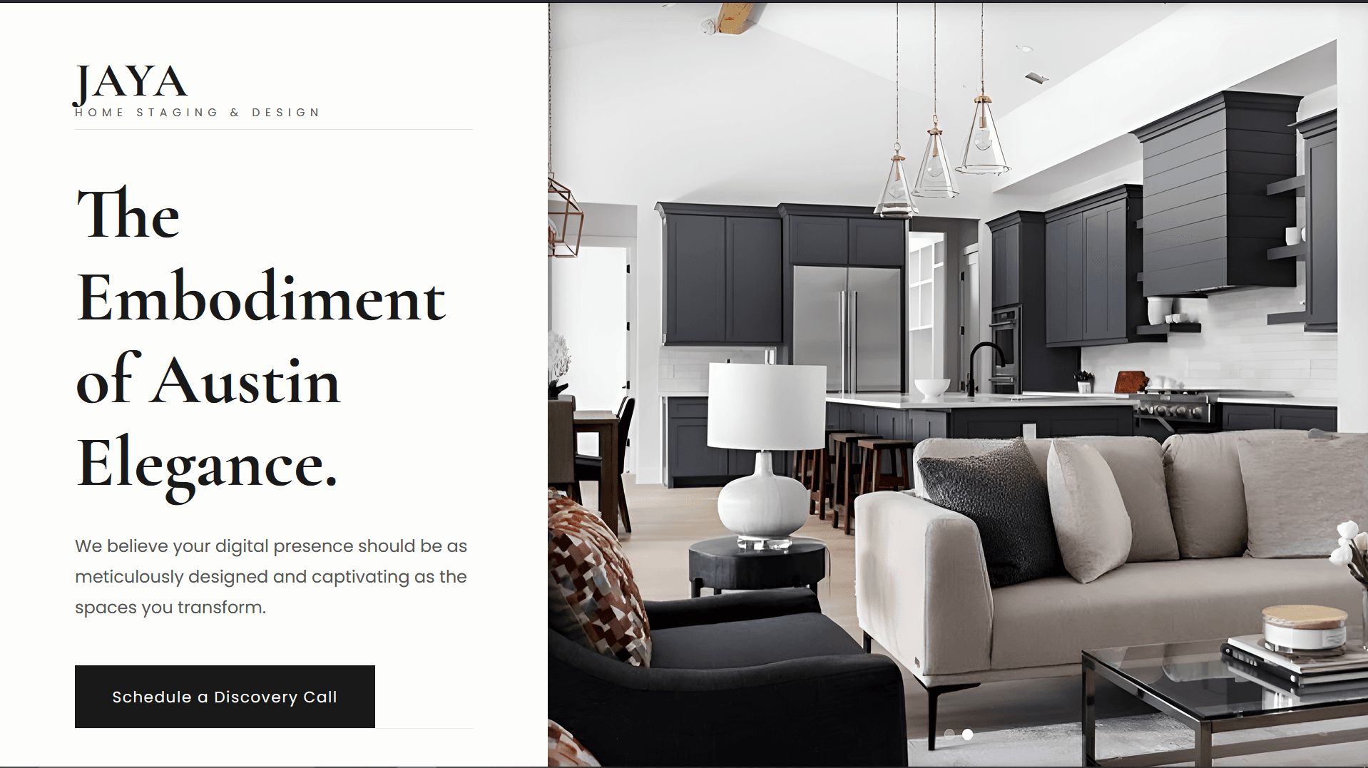 Jaya Home Staging website portfolio, showing a luxury interior design project on a desktop monitor.